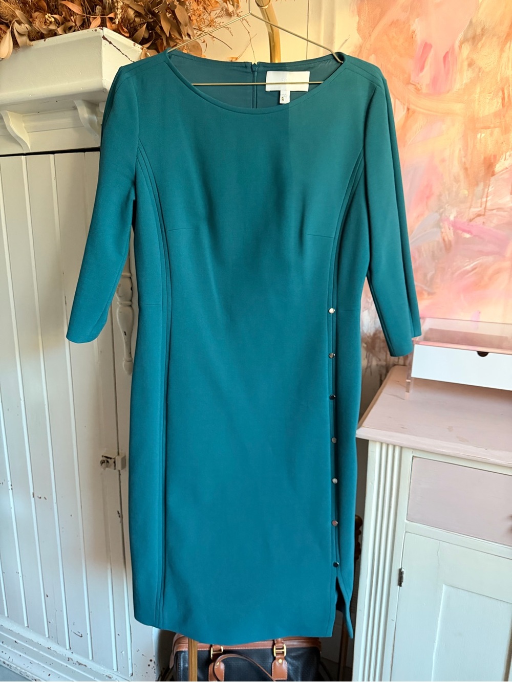 Classic Teal Sheath Dress with Side Button Detail